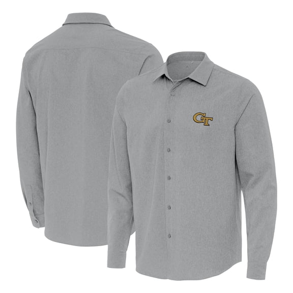 Men's Antigua Gray Georgia Tech Yellow Jackets Exposure Woven Long Sleeve Button-Up Shirt