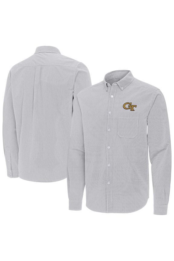 Men's Antigua Gray Georgia Tech Yellow Jackets Porter Woven Tri-Blend Long Sleeve Button-Down Shirt