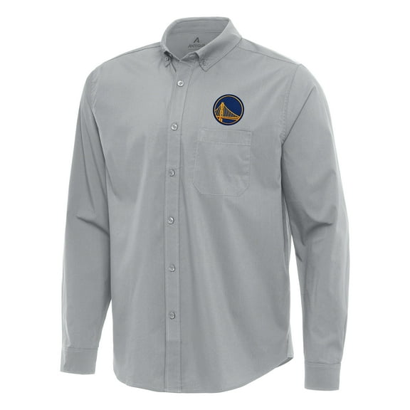 Men's Antigua Gray Golden State Warriors Flight Woven Tri-Blend Long Sleeve Button-Down Shirt