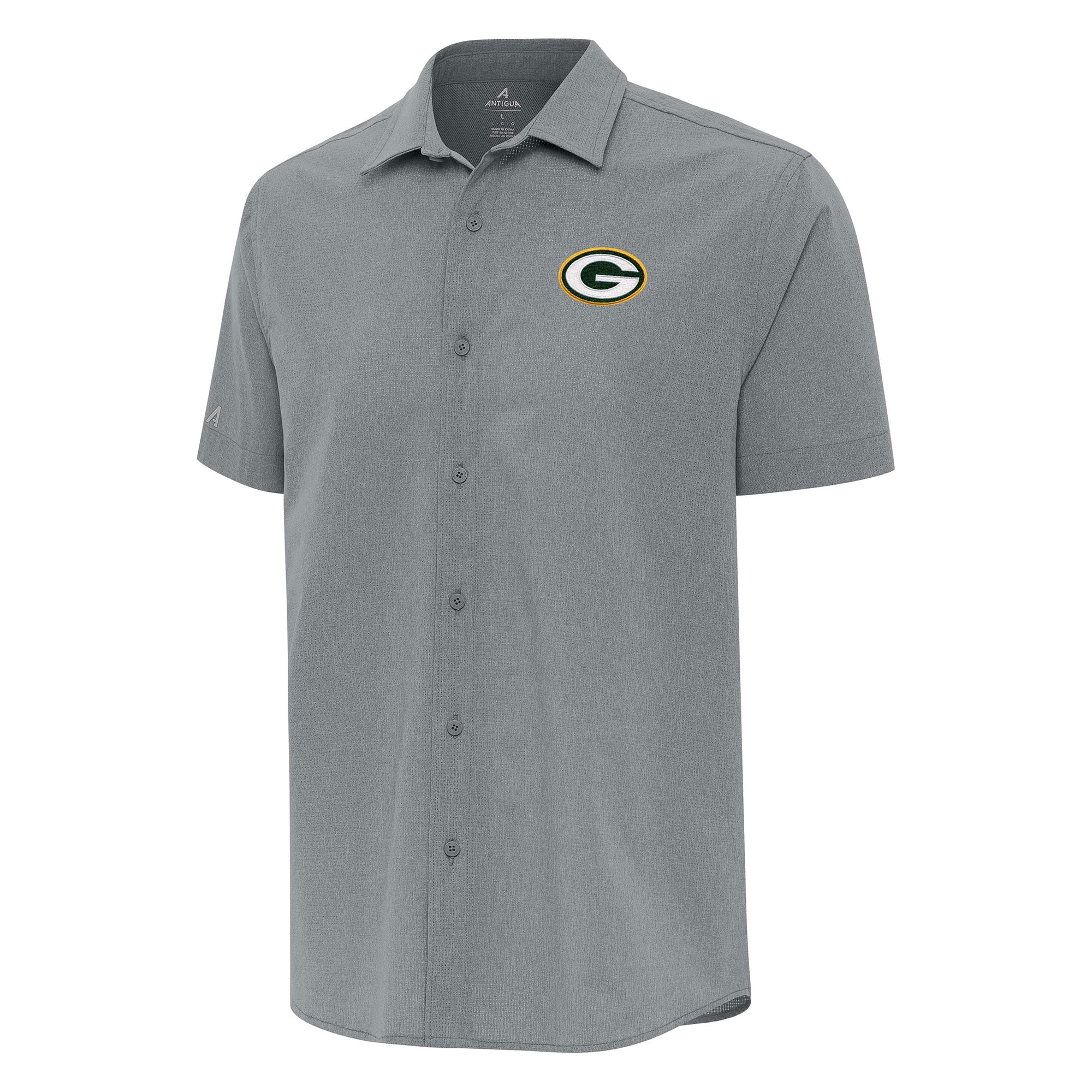 Men's Antigua Gray Green Bay Packers Activate Woven ButtonUp Shirt