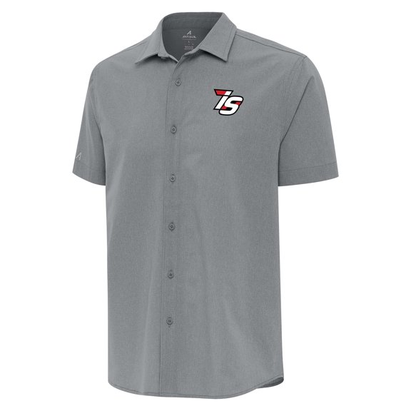Men's-Antigua Gray Iowa Speedway Activate Full-Button Short Sleeve Top