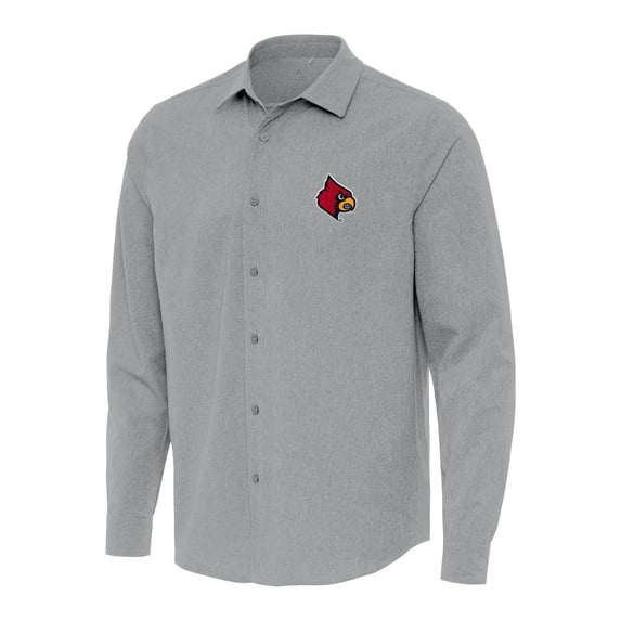 Men's Antigua Gray Louisville Cardinals Exposure Woven Long Sleeve Button-Up Shirt