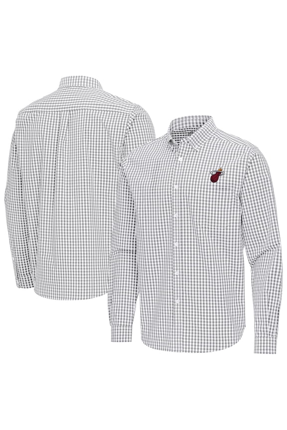 Men's Antigua Gray Miami Heat Ellis Woven Tri-Blend Button-Down Shirt