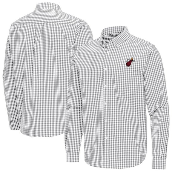 Men's Antigua Gray Miami Heat Ellis Woven Tri-Blend Button-Down Shirt