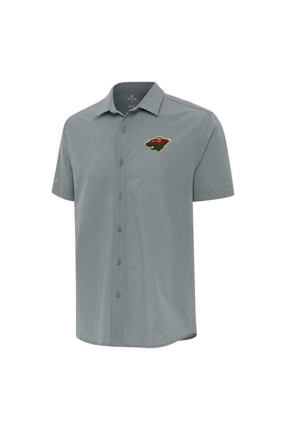 Men's Antigua  Gray Minnesota Wild Activate Woven Short Sleeve Button-Up Shirt
