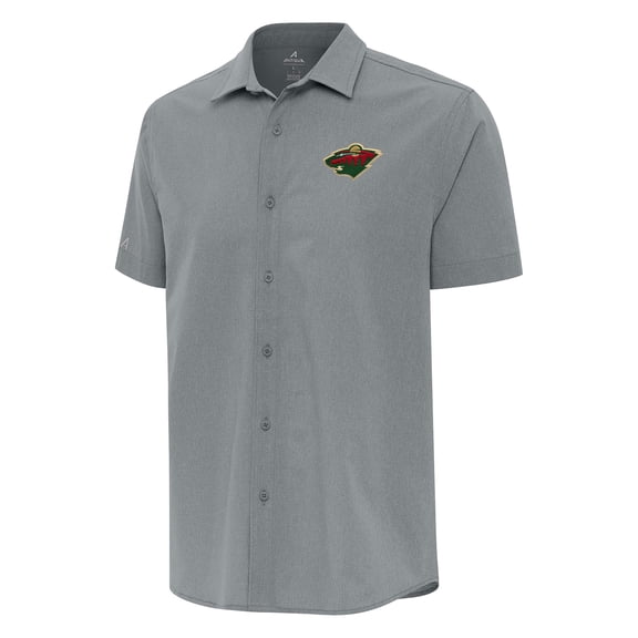 Men's Antigua Gray Minnesota Wild Activate Woven Short Sleeve Button-Up Shirt