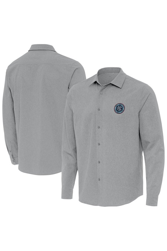 Men's-Antigua Gray New York City FC Exposure Woven Long Sleeve Button-Up Shirt