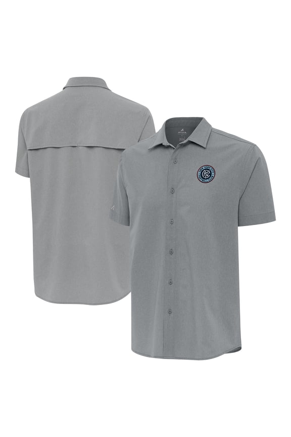Men's Antigua Gray New York City FC Woven Short Sleeve Button-Up Shirt