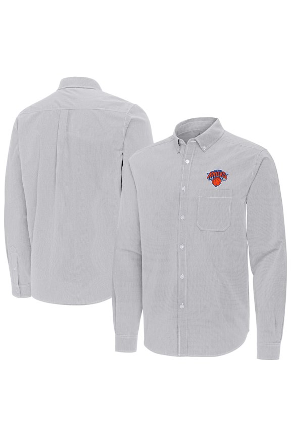 Men's Antigua Gray New York Knicks Porter Woven Long Sleeve Button-Down Shirt