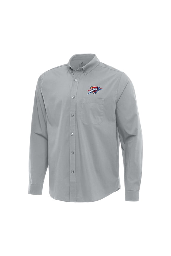 Men's Antigua Gray Oklahoma City Thunder Flight Woven Tri-Blend Long Sleeve Button-Down Shirt
