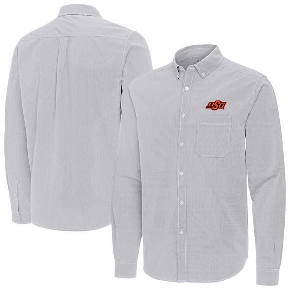 Men's Antigua Gray Oklahoma State Cowboys Porter Woven Tri-Blend Long Sleeve Button-Down Shirt