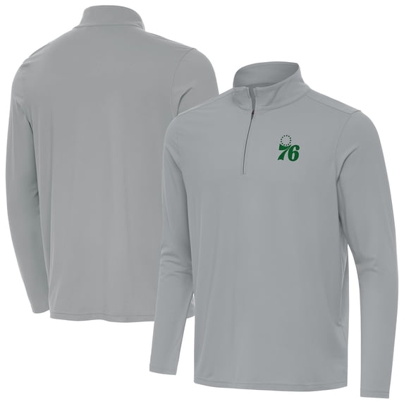 Men's Antigua Gray Philadelphia 76ers St. Patrick's Day Intent Quarter-Zip Jacket