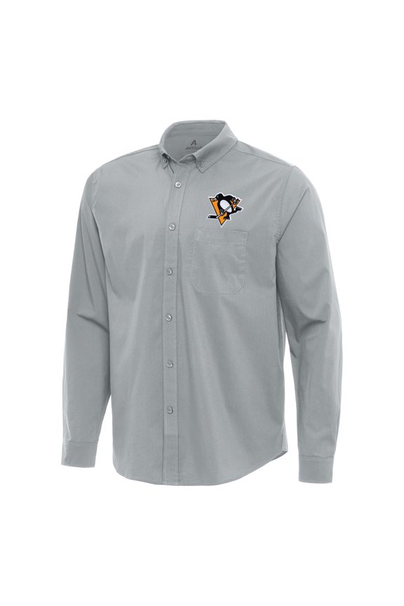Men's Antigua Gray Pittsburgh Penguins Flight Woven Tri-Blend Long Sleeve Button-Down Shirt