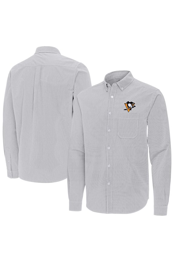 Men's Antigua Gray Pittsburgh Penguins Porter Woven Tri-Blend Long Sleeve Button-Down Shirt