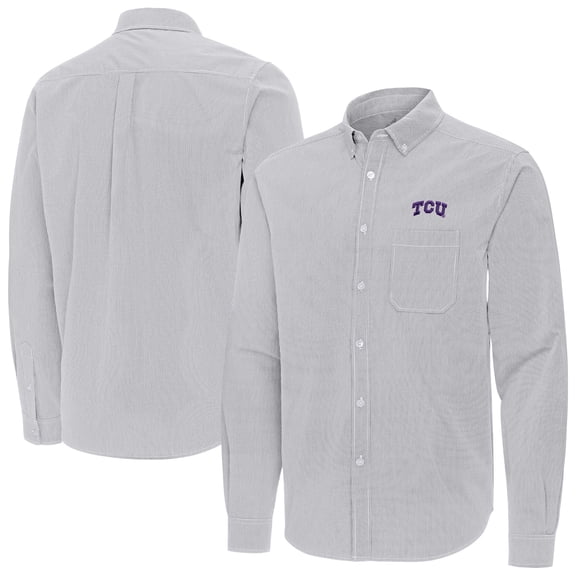 Men's Antigua Gray TCU Horned Frogs Porter Woven Tri-Blend Long Sleeve Button-Down Shirt