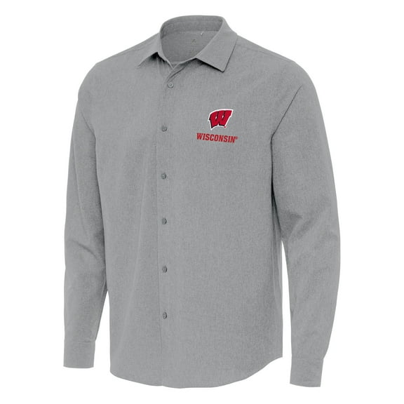 Men's Antigua Gray Wisconsin Badgers Exposure Woven Long Sleeve Button-Up Shirt