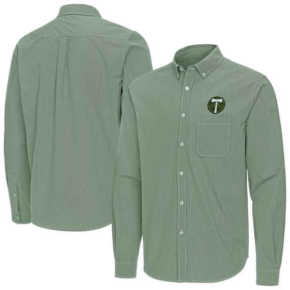 Men's Antigua Green Portland Timbers Porter Woven Tri-Blend Long Sleeve Button-Down Shirt