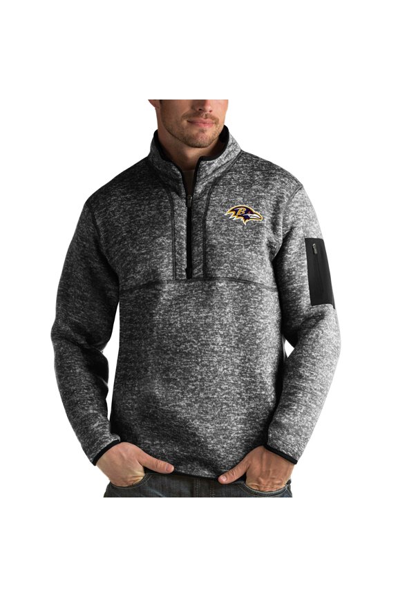 Men's Antigua Heather Black Baltimore Ravens Fortune Quarter-Zip Pullover Jacket