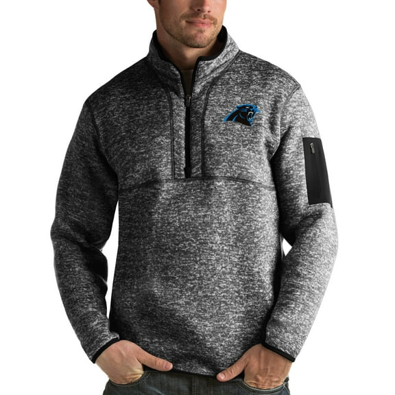 Men's Antigua Heather Black Carolina Panthers Fortune Quarter-Zip Pullover Jacket