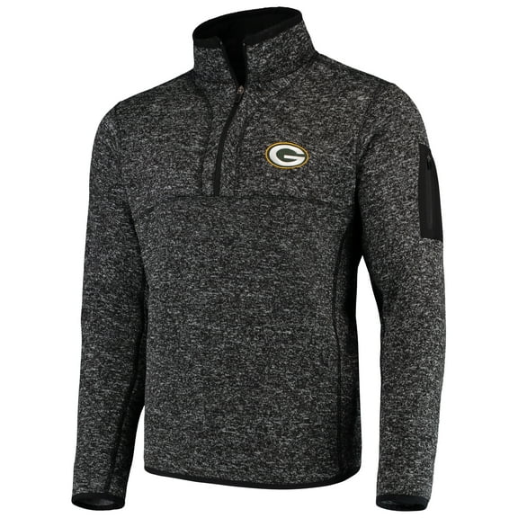 Men's Antigua Heather Black Green Bay Packers Fortune Quarter-Zip Pullover Jacket