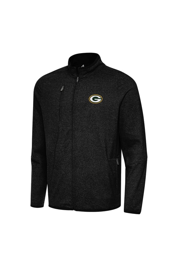 Men's Antigua Heather Black Green Bay Packers Hold-Up Tri-Blend Full-Zip Jacket