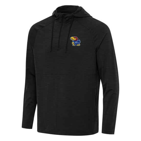 Men's Antigua Heather Black Kansas Jayhawks Spikes Raglan Quarter-Zip Hoodie