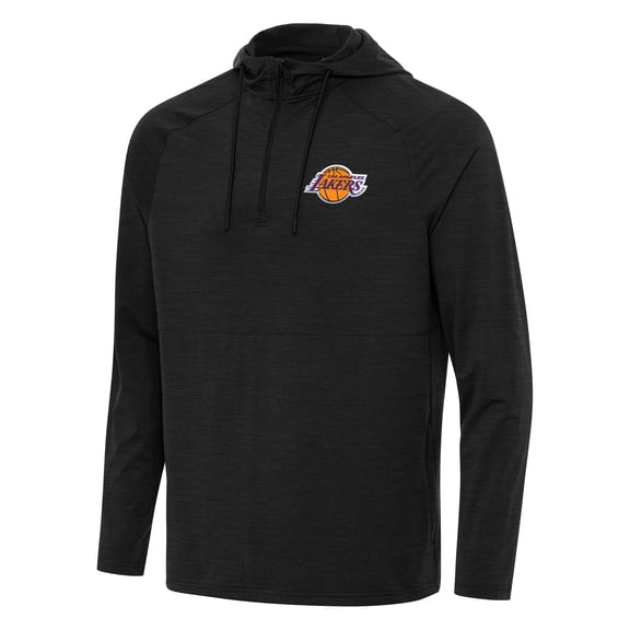 Men's Antigua Heather Black Los Angeles Lakers Spikes Raglan Quarter-Zip Hoodie
