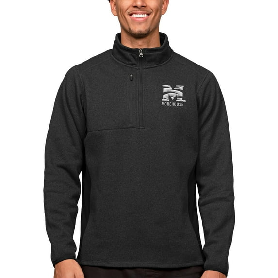 Men's Antigua Heather Black Morehouse Maroon Tigers Course Quarter-Zip Pullover Top