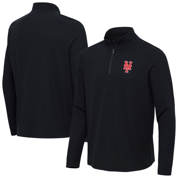 Men's Antigua Heather Black New York Mets Sync Tri-Blend Quarter-Zip Pullover