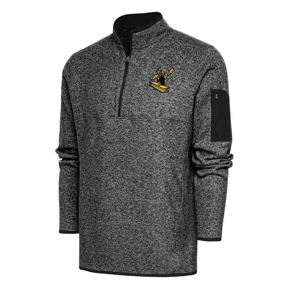 Men's Antigua Heather Black Pittsburgh Steelers Throwback Fortune Quarter-Zip Pullover Jacket