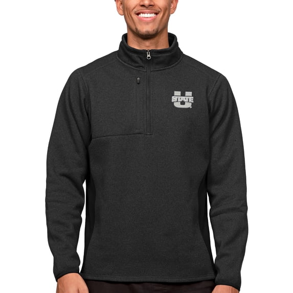 Men's Antigua Heather Black Utah State Aggies Course Quarter-Zip Pullover Top