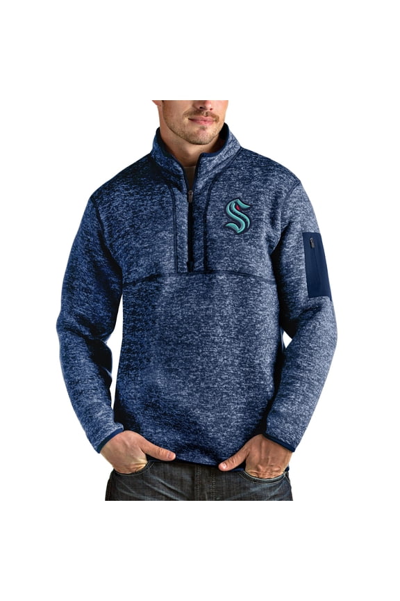 Men's Antigua Heather Deep Sea Blue Seattle Kraken Fortune Half-Zip Pullover Jacket
