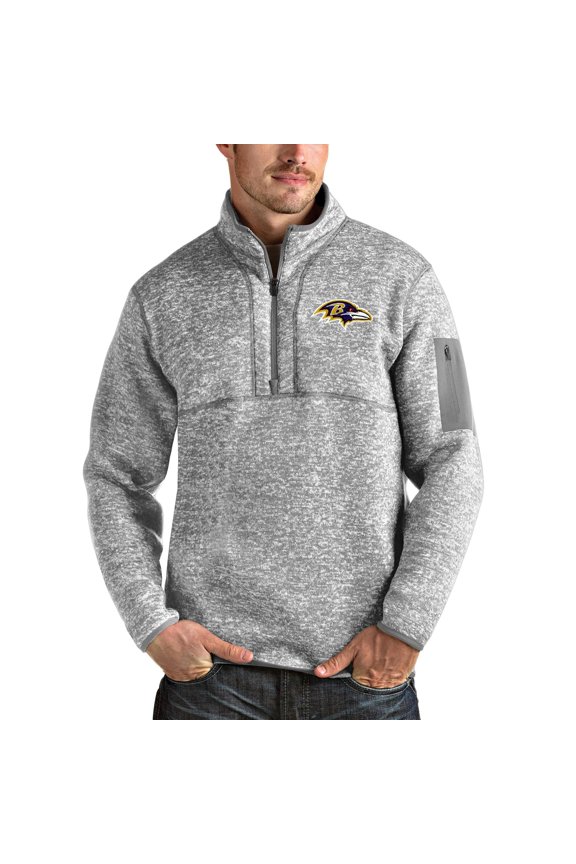 Men's Antigua Heather Gray Baltimore Ravens Team Logo Fortune Quarter-Zip Pullover Jacket