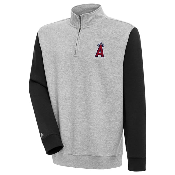 Men's Antigua Heather Gray/Black Los Angeles Angels Victory Colorblock Quarter-Zip Pullover Top