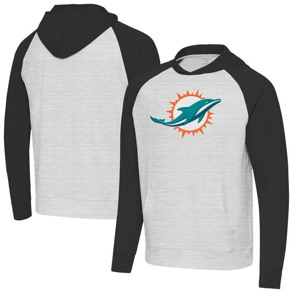 Men's Antigua Heather Gray/Black Miami Dolphins Urgent Raglan Pullover Hoodie