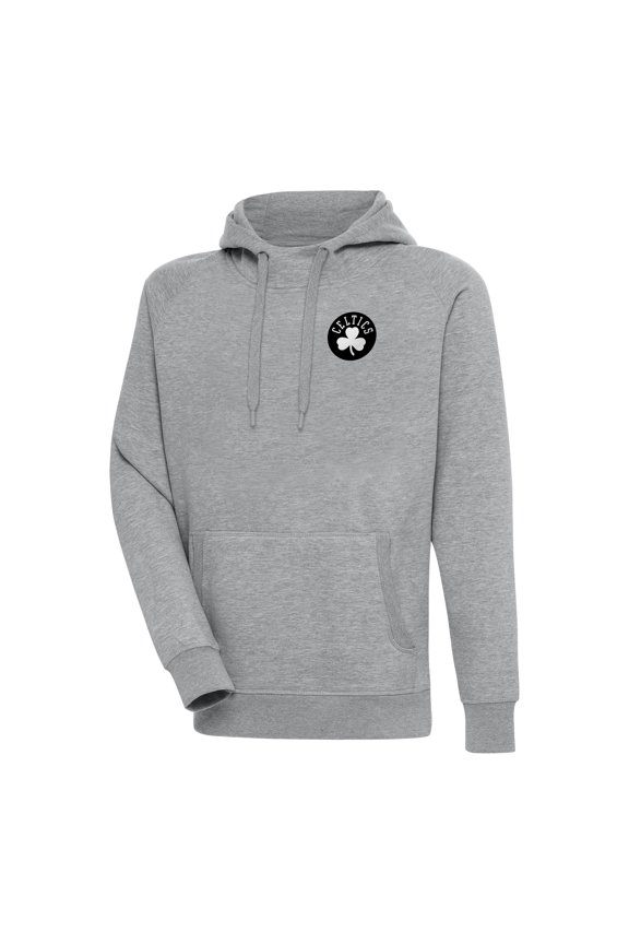 Men's Antigua Heather Gray Boston Celtics Metallic Logo Victory Raglan Pullover Hoodie