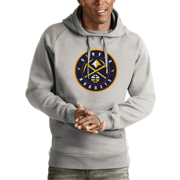 Men's Antigua Heather Gray Denver Nuggets Team Logo Victory Pullover Hoodie