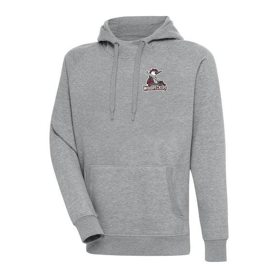 Men's Antigua Heather Gray Fayetteville Woodpeckers Victory Pullover Hoodie