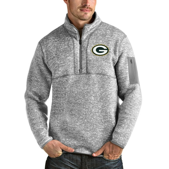 Men's Antigua Heather Gray Green Bay Packers Team Logo Fortune Quarter-Zip Pullover Jacket