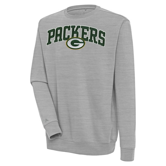 Men's Antigua  Heather Gray Green Bay Packers Victory Chenille Pullover Sweatshirt