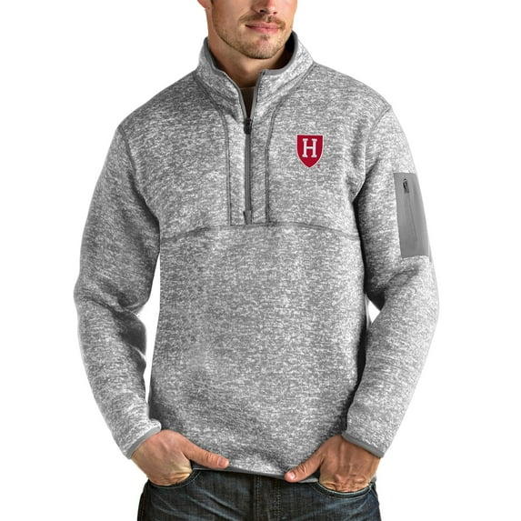 Men's Antigua Heather Gray Harvard Crimson Fortune Quarter-Zip Pullover Jacket