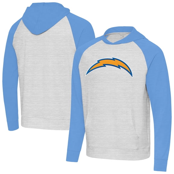 Men's Antigua Heather Gray/Heather Powder Blue Los Angeles Chargers Urgent Raglan Pullover Hoodie