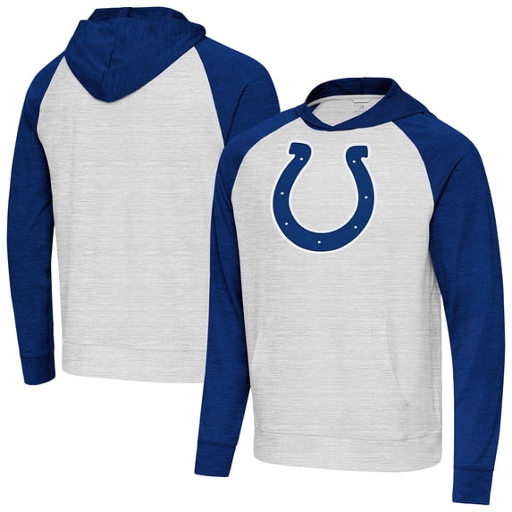Men's Antigua Heather Gray/Heather Royal Indianapolis Colts Urgent Raglan Pullover Hoodie