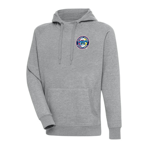 Men's Antigua Heather Gray Jersey Shore BlueClaws Victory Pullover Hoodie