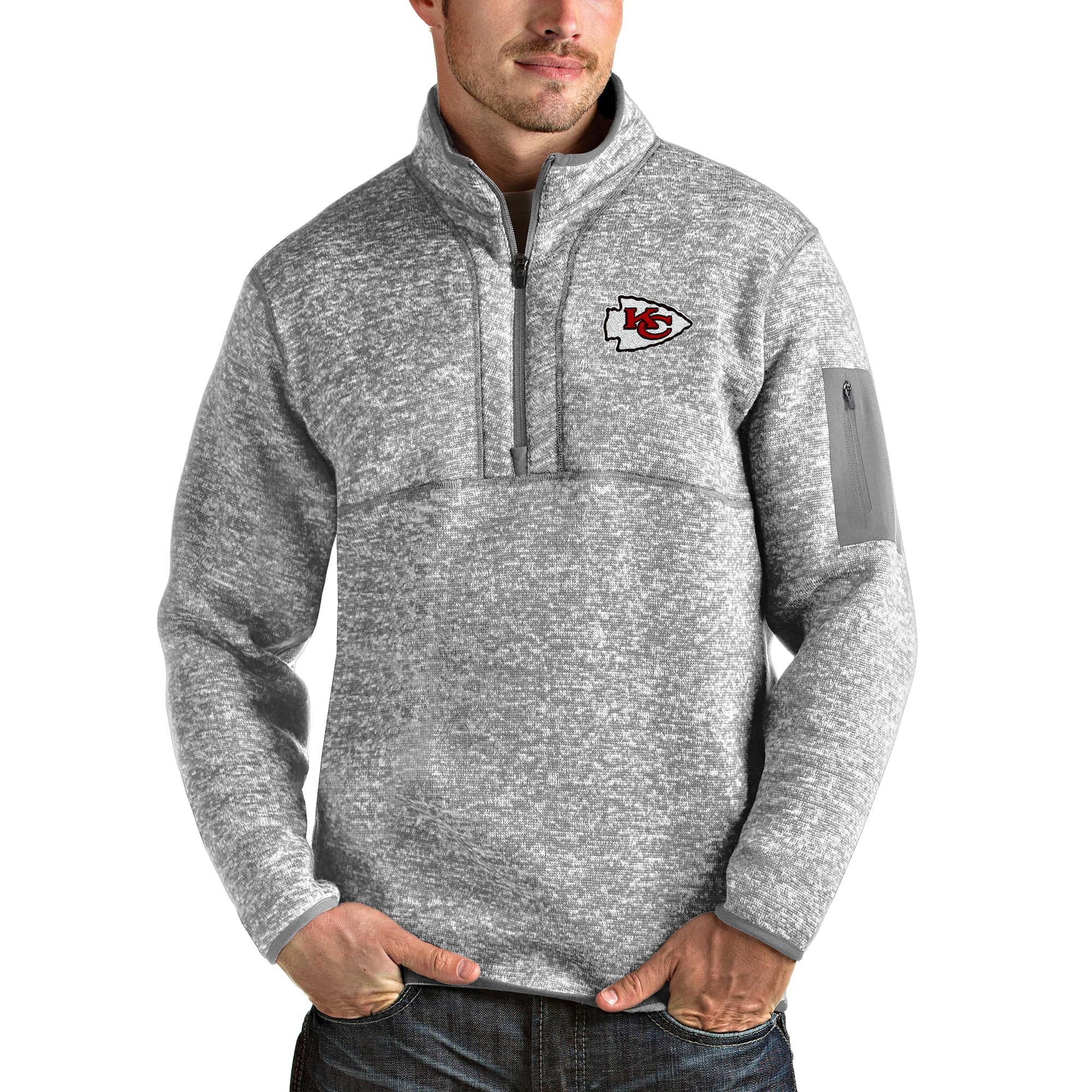 Men's Antigua Heather Gray Kansas City Chiefs Team Logo Fortune Quarter-Zip  Pullover Jacket 