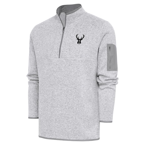 Men's Antigua Heather Gray Milwaukee Bucks Metallic Logo Fortune Quarter-Zip Jacket