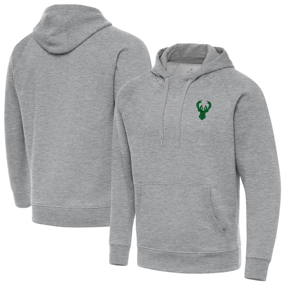 Men's Antigua Heather Gray Milwaukee Bucks St. Patrick's Day Victory Raglan Pullover Hoodie