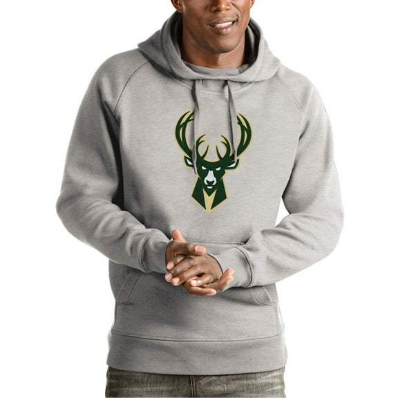 Men's Antigua Heather Gray Milwaukee Bucks Team Logo Victory Pullover Hoodie