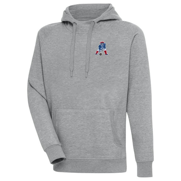 Men's Antigua Heather Gray New England Patriots Throwback Logo Victory Pullover Hoodie