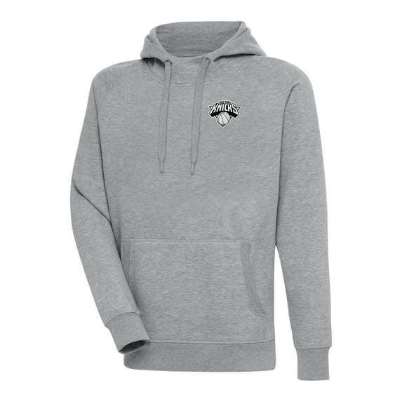 Men's Antigua Heather Gray New York Knicks Metallic Logo Victory Raglan Pullover Hoodie